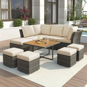 U_STYLE Patio Furniture Set, 10 Piece Outdoor Conversation Set, CoffeeTable with Ottomans, Solid wood coffee table