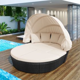 GO Outdoor rattan daybed sunbed with Retractable Canopy Wicker Furniture, Round Outdoor Sectional Sofa Set