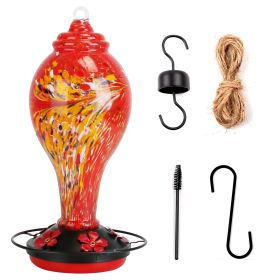 Glass Hummingbird Feeder 33OZ Hand Blown Hummingbird Feeder with 5 Flower Feeding Port Perch Ant Moat Hanging Hook S Hook Hemp Rope Cleaning Brush for (Color: Red)